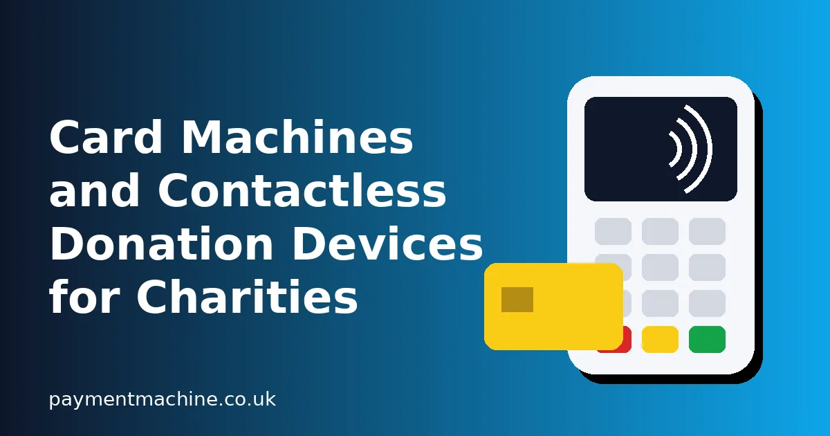 Illustrated contactless card payment terminal and bank card next to the title Card Machines and Contactless Donation Devices for Charities