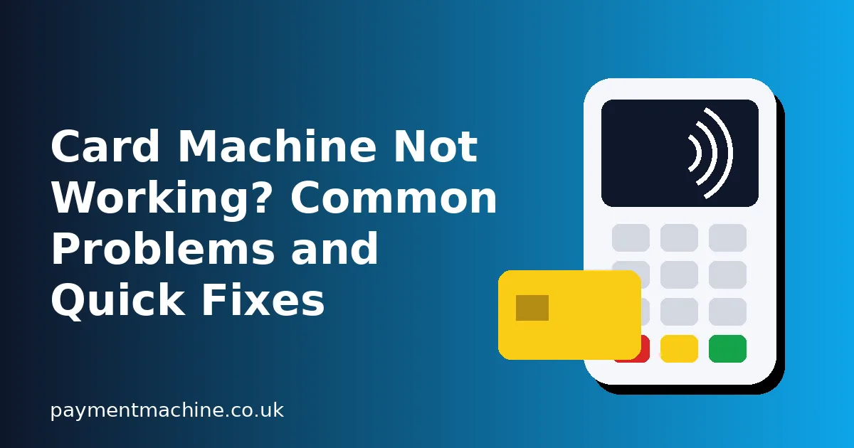Illustrated contactless card payment terminal and bank card next to the title Card Machine Not Working? Common Problems and Quick Fixes