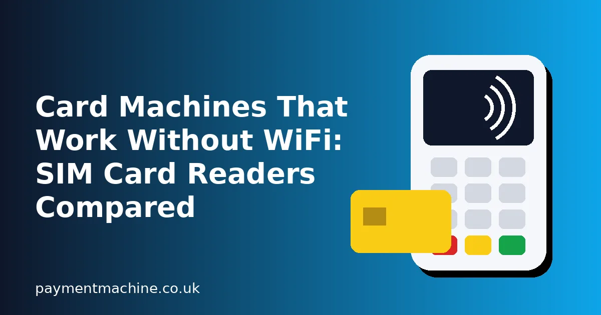 Illustrated contactless card payment terminal and bank card next to the title Card Machines That Work Without WiFi: SIM Card Readers Compared