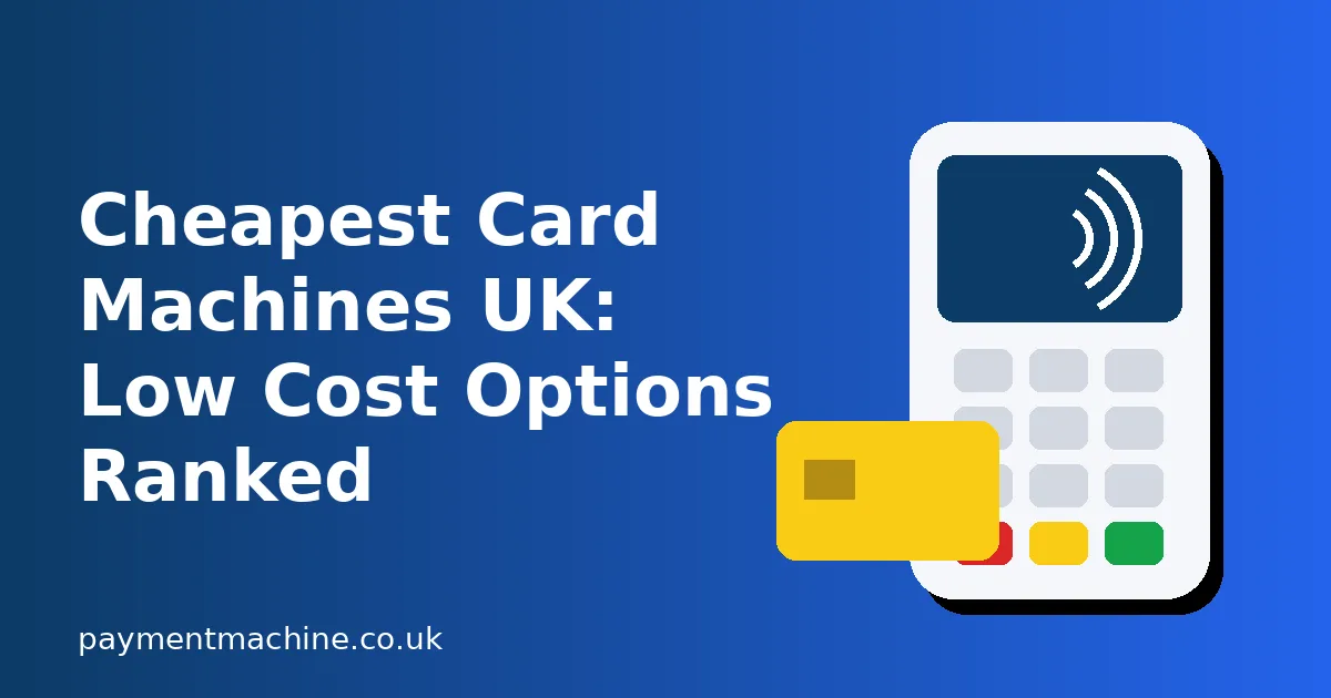 Illustrated contactless card payment terminal and bank card next to the title Cheapest Card Machines UK: Low Cost Options Ranked